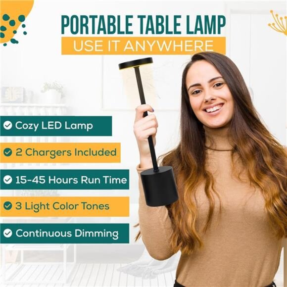 Cordless Table Lamps Set of 2 LED Rechargeable Dimmable USB Mood Light for Patio - Picture 4 of 7